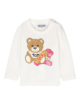 Moschino T-shirt a maniche lunghe in jersey con stampa Teddy Bear panna
