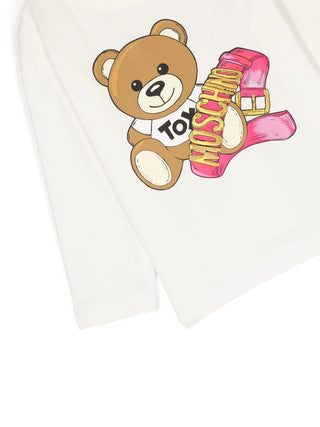 Moschino T-shirt a maniche lunghe in jersey con stampa Teddy Bear panna