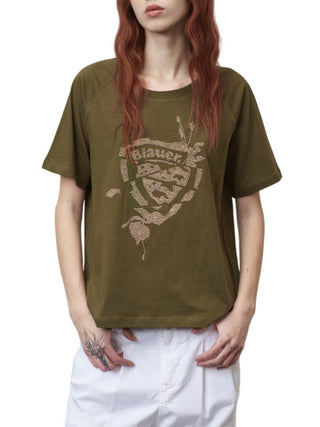 Blauer T-shirt manica corta con logo borchiato verde militare