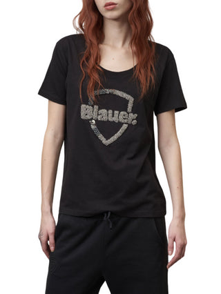 Blauer T-shirt manica corta con logo gioiello nero