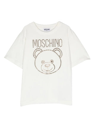 Moschino T-shirt manica corta con logo e orsetto borchiato panna