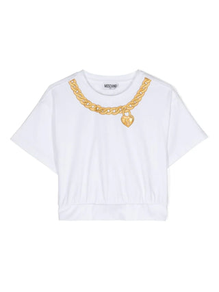 Moschino T-shirt crop manica corta con stampa collana bianco