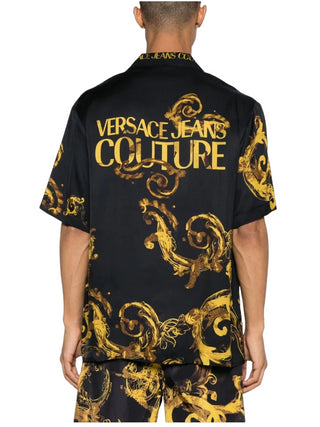 Versace Jeans Couture camicia manica corta in viscosa con stampa barocca nero oro