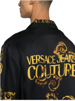 Versace Jeans Couture camicia manica corta in viscosa con stampa barocca nero oro