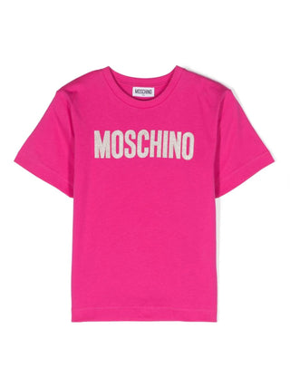 Moschino T-shirt a maniche corte in jersey con ricamo logo fucsia
