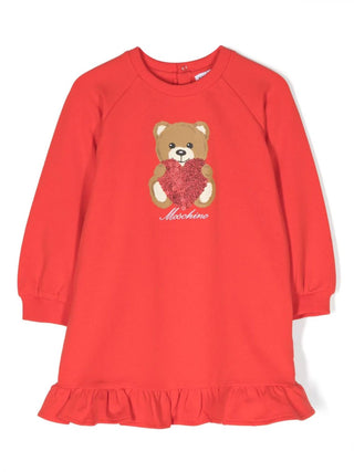 Moschino abito in felpa da neonata con rouches e stampa Teddy rosso