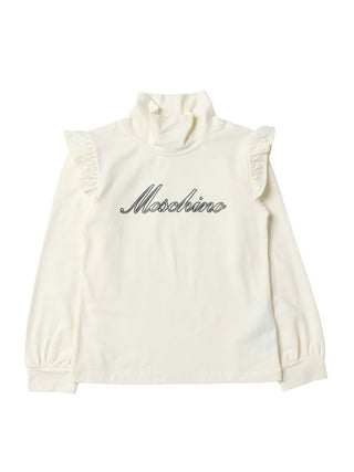 Moschino T-shirt dolcevita a maniche lunghe con rouches e logo beige