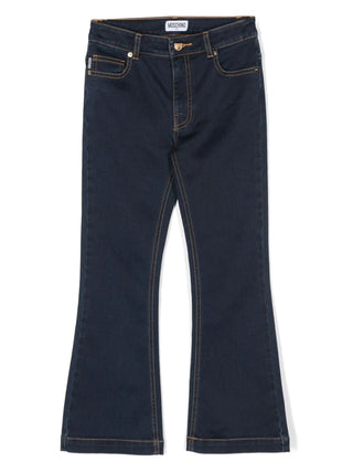 Moschino jeans flare in denim stretch con orsetto lavaggio blu scuro