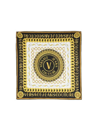 Versace Jeans Couture foulard in seta con stampa logo chain Couture nero bianco oro