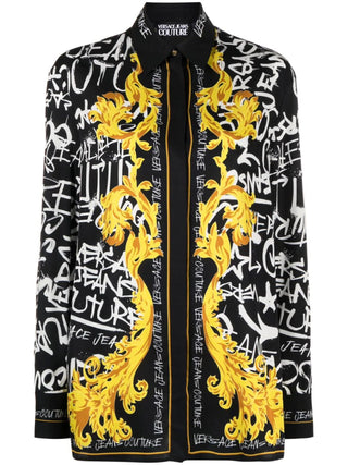 Versace Jeans Couture camicia a manica lunga in viscosa con stampa logo Baroque all over nero oro