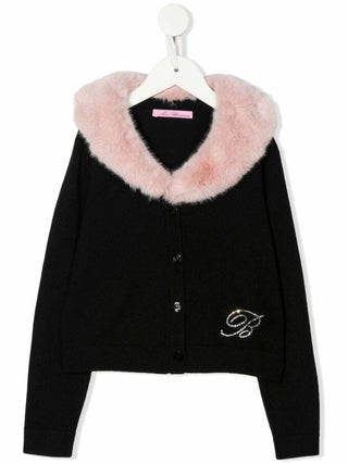 MISS BLUMARINE Cardigan a maniche lunghe con collo in pelliccia Nero/rosa