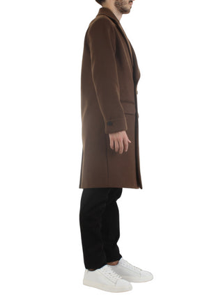 Bicolore cappotto lungo doppiopetto con trama spigata marrone