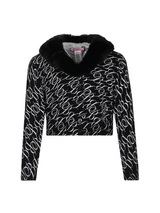 Miss Blumarine cardigan con logo monogram all over e collo in eco pelliccia nero