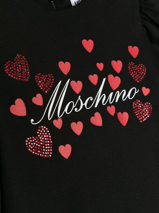 Moschino abito a manica lunga con logo e cuoricini strass nero