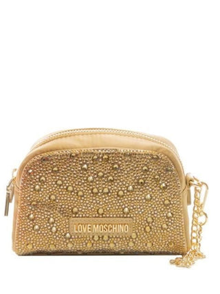 Moschino Love pochette con zip e strass all over oro