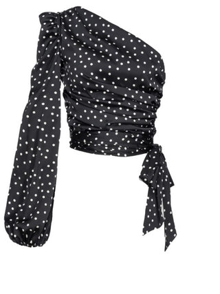 Pinko top monospalla Thira satin in fantasia a pois nero bianco