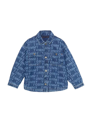 Tommy Hilfiger camicia a manica lunga in denim con logo all over lavaggio blu