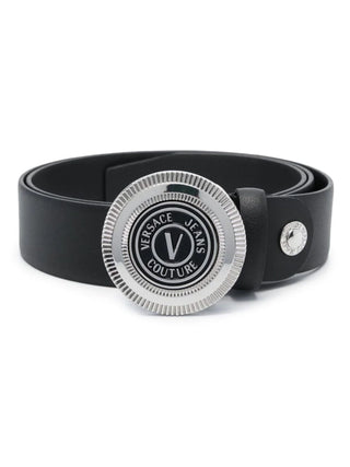 Versace Jeans Couture cintura in pelle con fibbia V-emblem nero argento