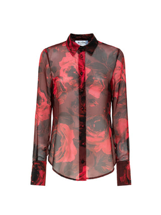 Blugirl camicia manica lunga in misto seta stampa rose nero rosso