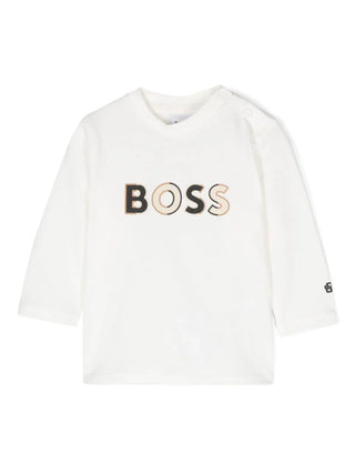 Boss T-shirt manica lunga in jersey bianco latte