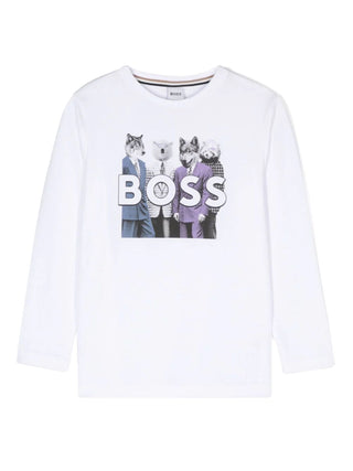 Boss T-shirt manica lunga in jersey con stampa logo bianco