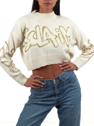 Disclaimer maglia crop con logo beige chiaro