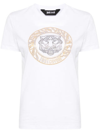 Just Cavalli T-shirt manica corta con logo Tiger borchiato bianco