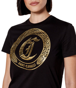 Just Cavalli T-shirt manica corta in jersey logo Snake Around nero oro