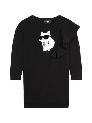 Karl Lagerfeld Kids abito in felpa con rouches stampa Choupette nero