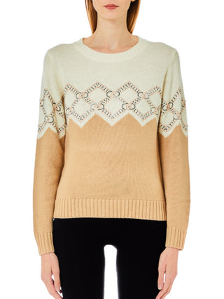 Liu Jo maglia misto lana colorblock con strass panna beige