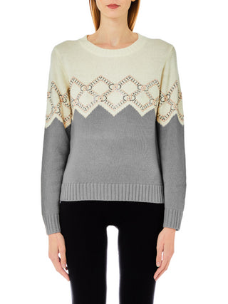 Liu Jo maglia misto lana colorblock con strass panna grigio