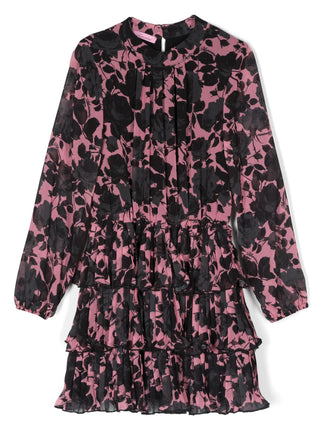 Miss Blumarine abito corto manica lunga in georgette con rose rosa nero