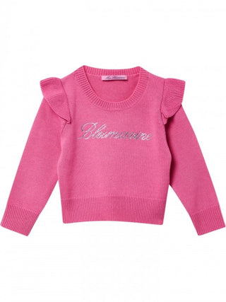 Miss Blumarine maglia con logo strass e volant rosa