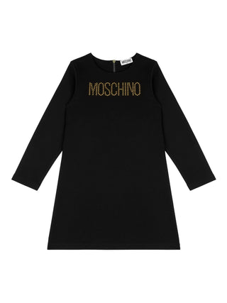 Moschino abito manica lunga con logo borchiato nero oro