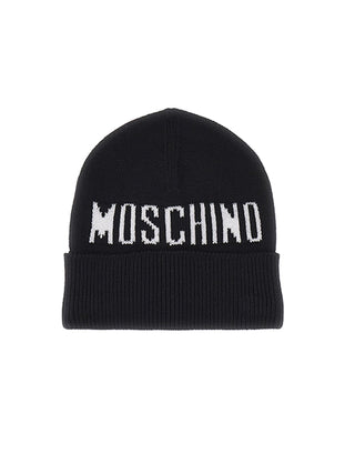 Moschino cappello in maglia misto lana con logo nero