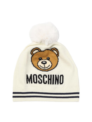 Moschino cappello in misto lana con pompon bianco latte