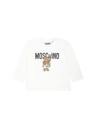 Moschino T-shirt manica lunga in jersey con stampa logo panna