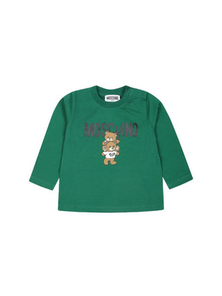 Moschino T-shirt manica lunga in jersey con stampa logo verde