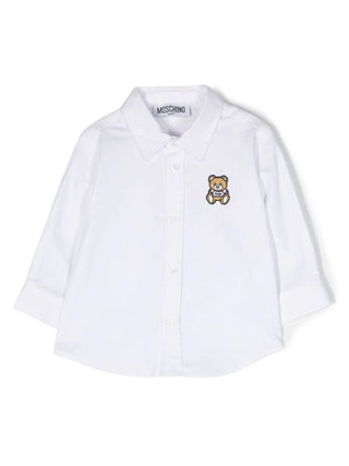 Moschino camicia manica lunga con patch orsetto bianco