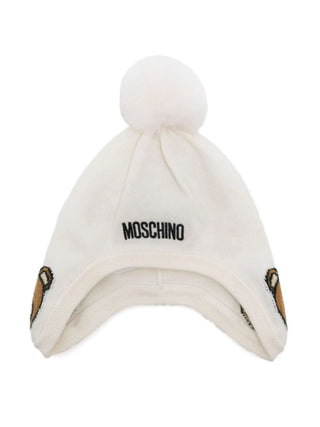 Moschino cappello in maglia con pompon bianco latte