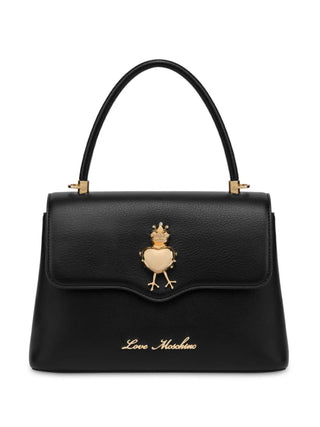 Moschino Love borsa a mano in ecopelle martellata con placca Frog nero oro