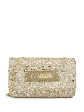 Moschino Love borsa a tracolla con paillettes placca logo oro