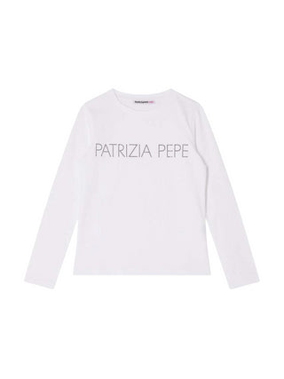 Patrizia Pepe T-shirt manica lunga con logo strass bianco