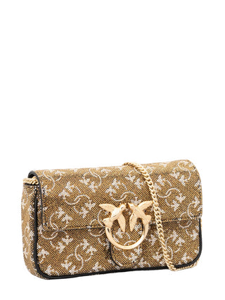 Pinko borsa Love One Pocket in fantasia monogram con strass bronzo oro