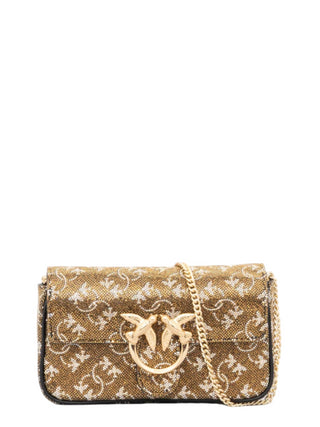 Pinko borsa Love One Pocket in fantasia monogram con strass bronzo oro