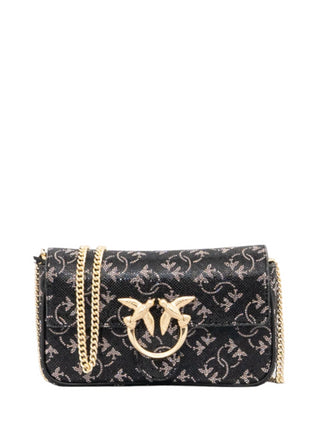 Pinko borsa Love One Pocket in fantasia monogram con strass nero argento