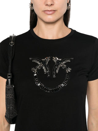 Pinko T-shirt manica corta Quentin con logo Love Birds gioiello nero