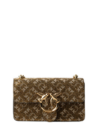 Pinko borsa Love One Mini Light in fantasia monogram con strass bronzo oro