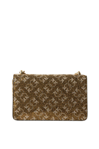 Pinko borsa Love One Mini Light in fantasia monogram con strass bronzo oro