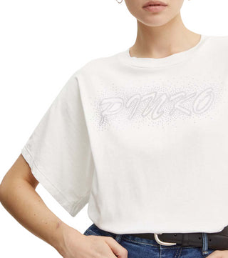 Pinko T-shirt manica corta Duetto con logo strass bianco